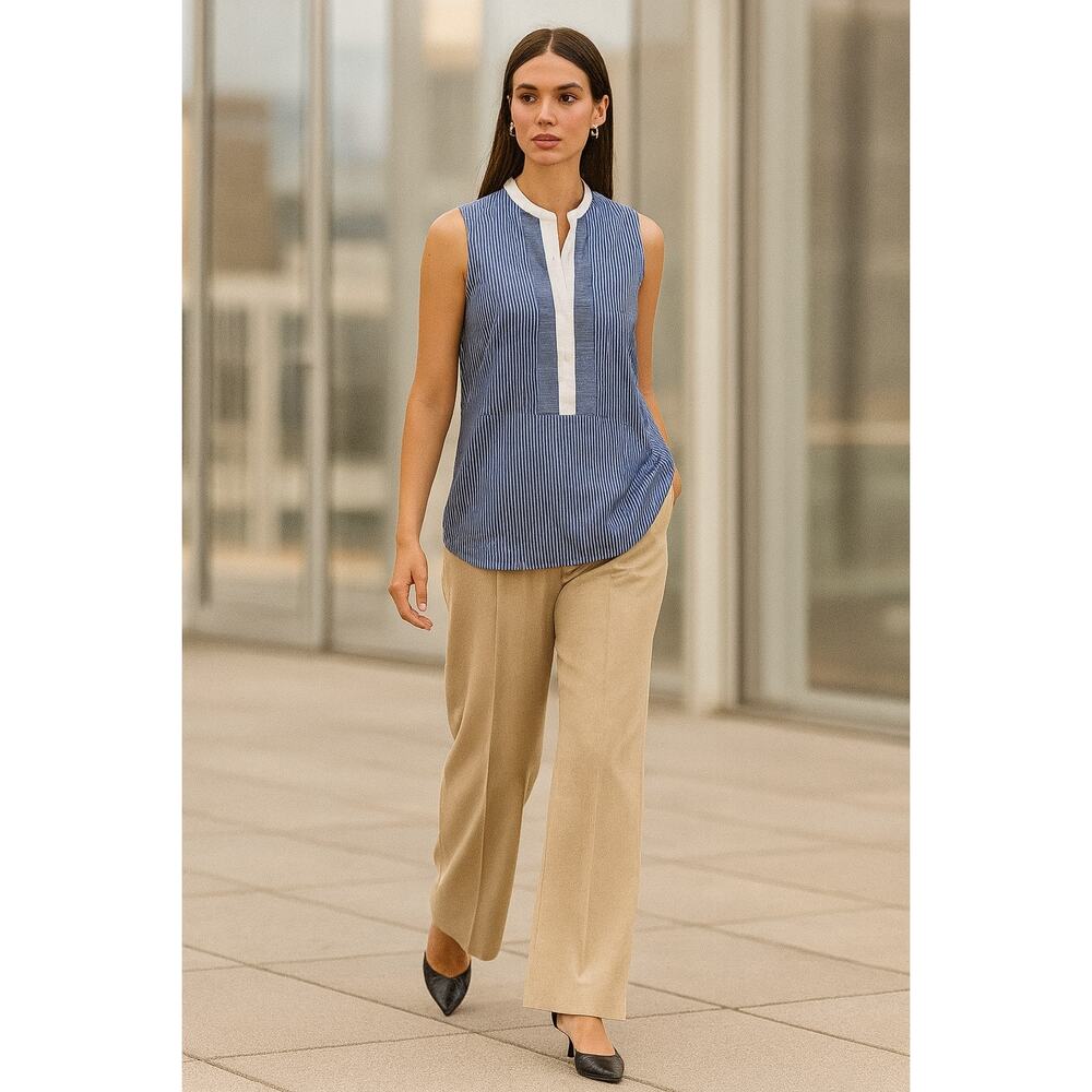 Vince Sleeveless Striped Blue White Tunic Blouse 8 Cotton Coastal Summer Shirt